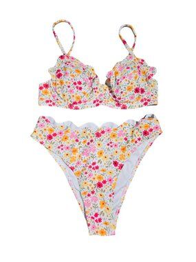 NWOT | Floral Scalloped Underwire Bikini Set High-Cut Bottom Small